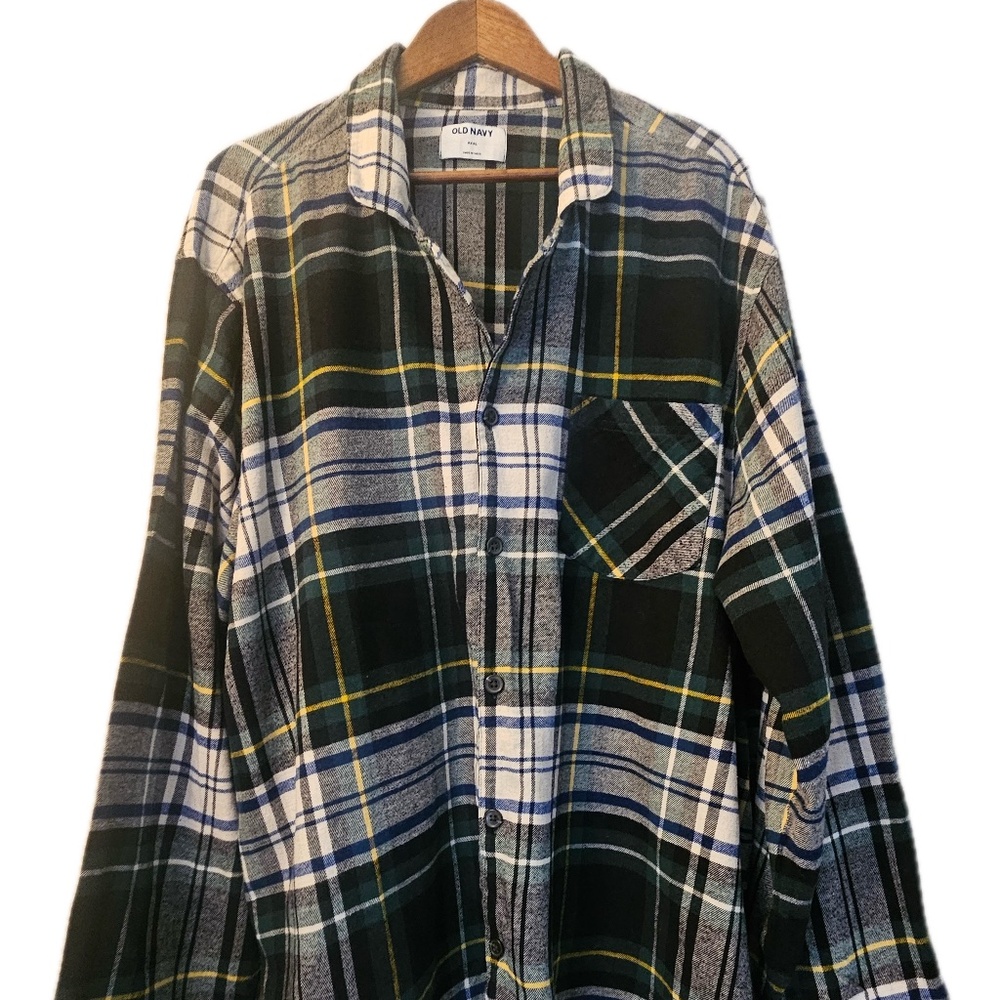 Old Navy Shirt Mens 3XL Green Plaid Flannel Button‎ Up Long Sleeve Soft Casual